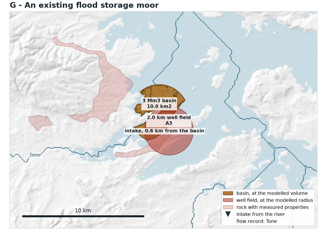 Where option G would sit. Sited rather than screened, so the basin is a disc of the right area rather than a real footprint. Well field on A3, 1.6 km from the basin.
